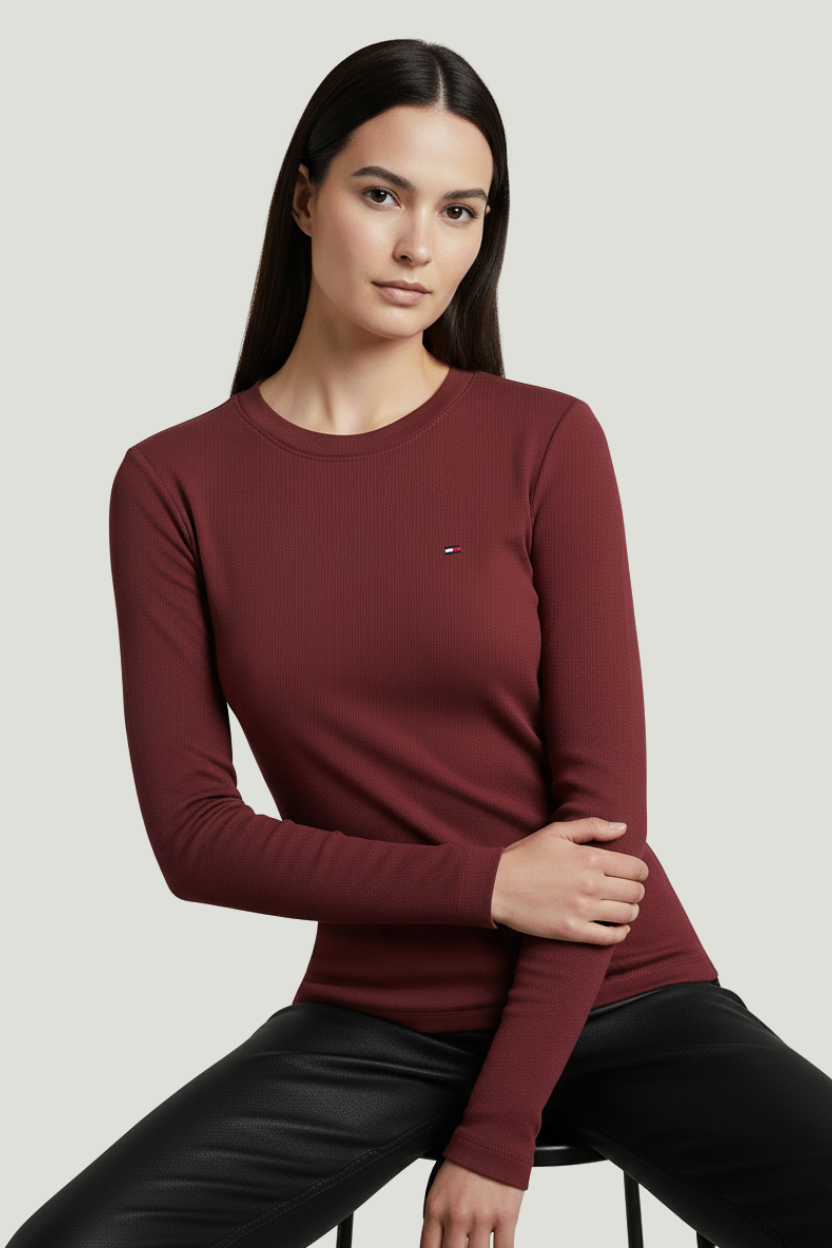 Tommy Hilfiger Camiseta vinotinto de manga larga para mujer