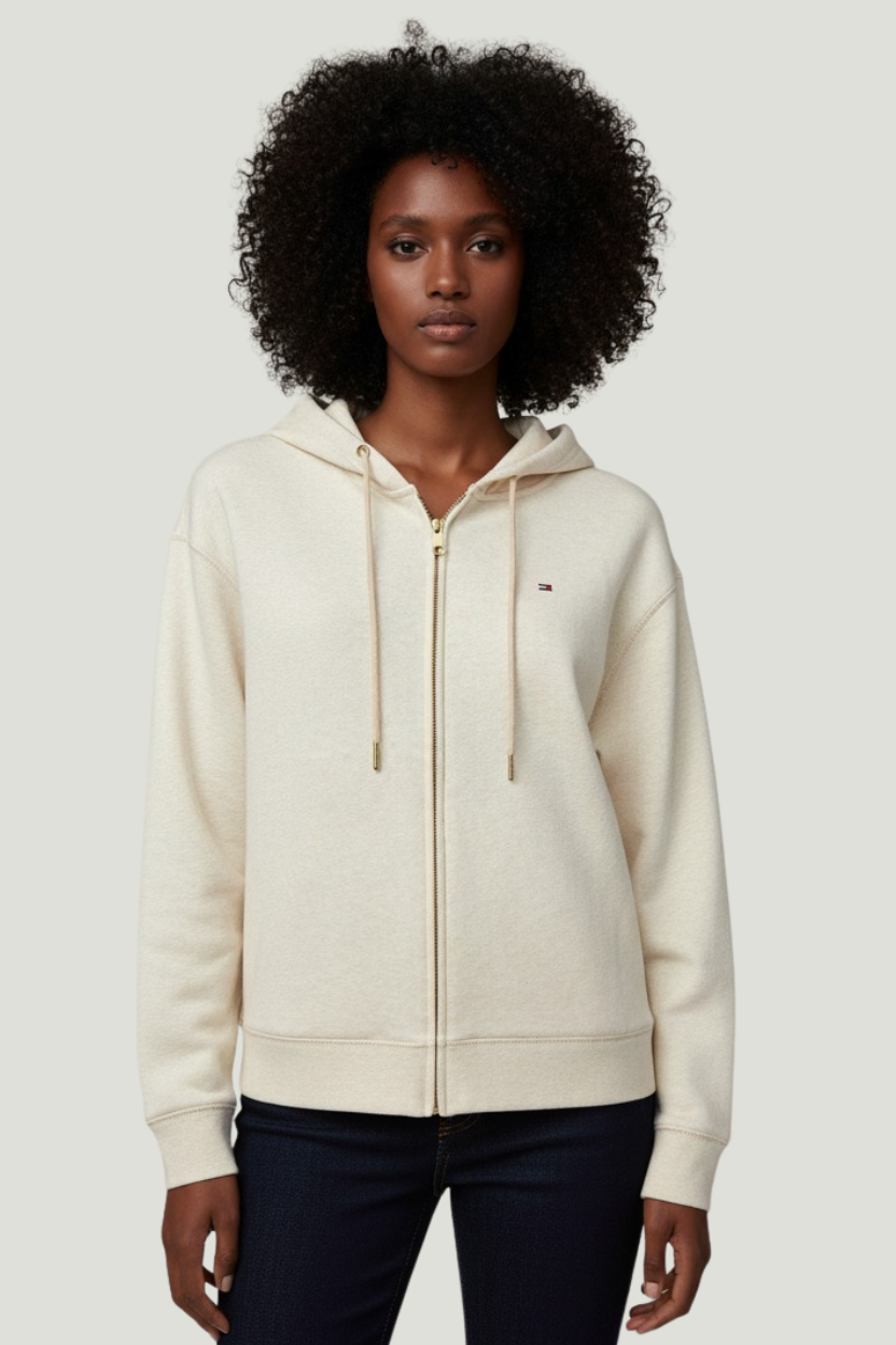 Tommy Hilfiger Chaqueta hoodie crema para mujer con cremallera