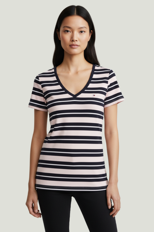 Tommy Hilfiger Camiseta rosada con cuello en V para mujer