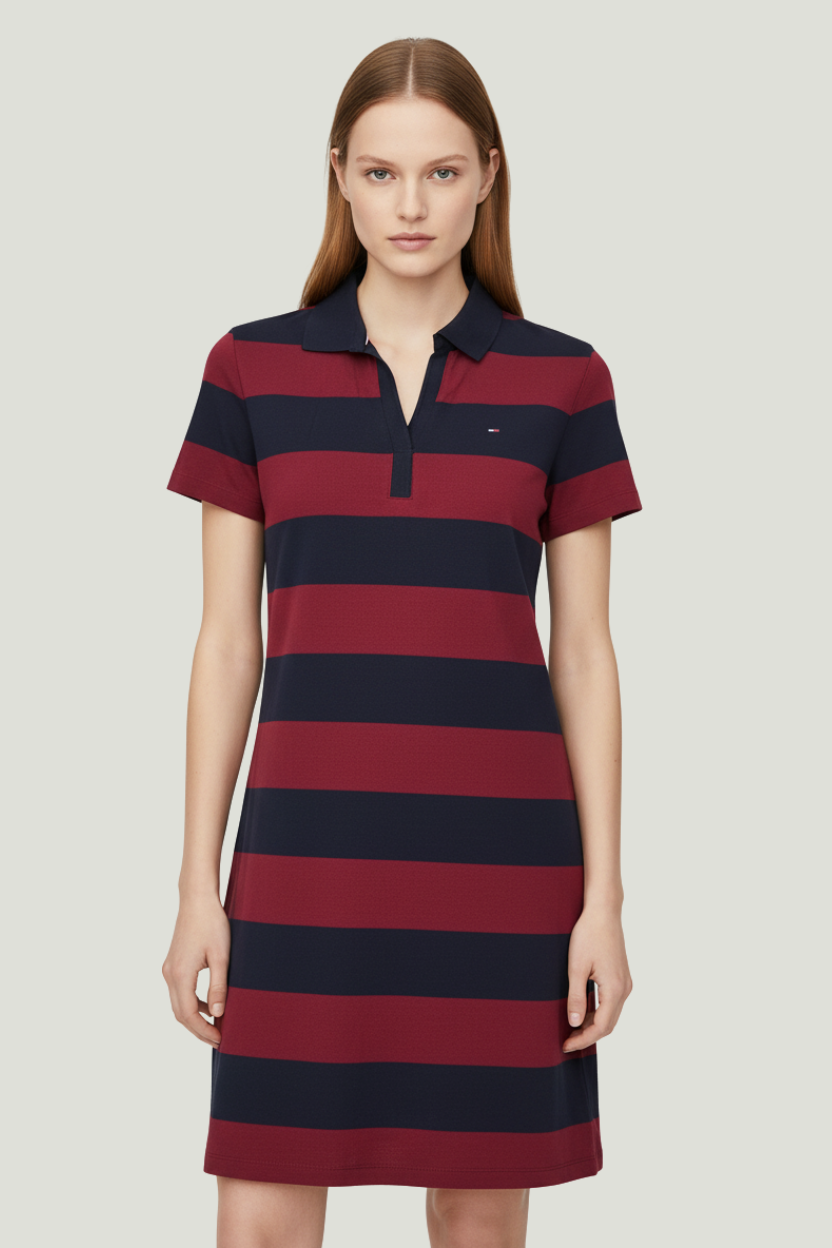 Tommy Hilfiger vestido polo para mujer con rayas burdeos y azul marino