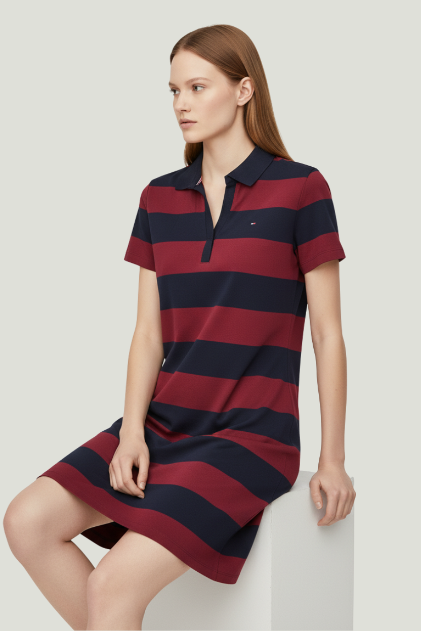 Tommy Hilfiger vestido polo para mujer con rayas burdeos y azul marino
