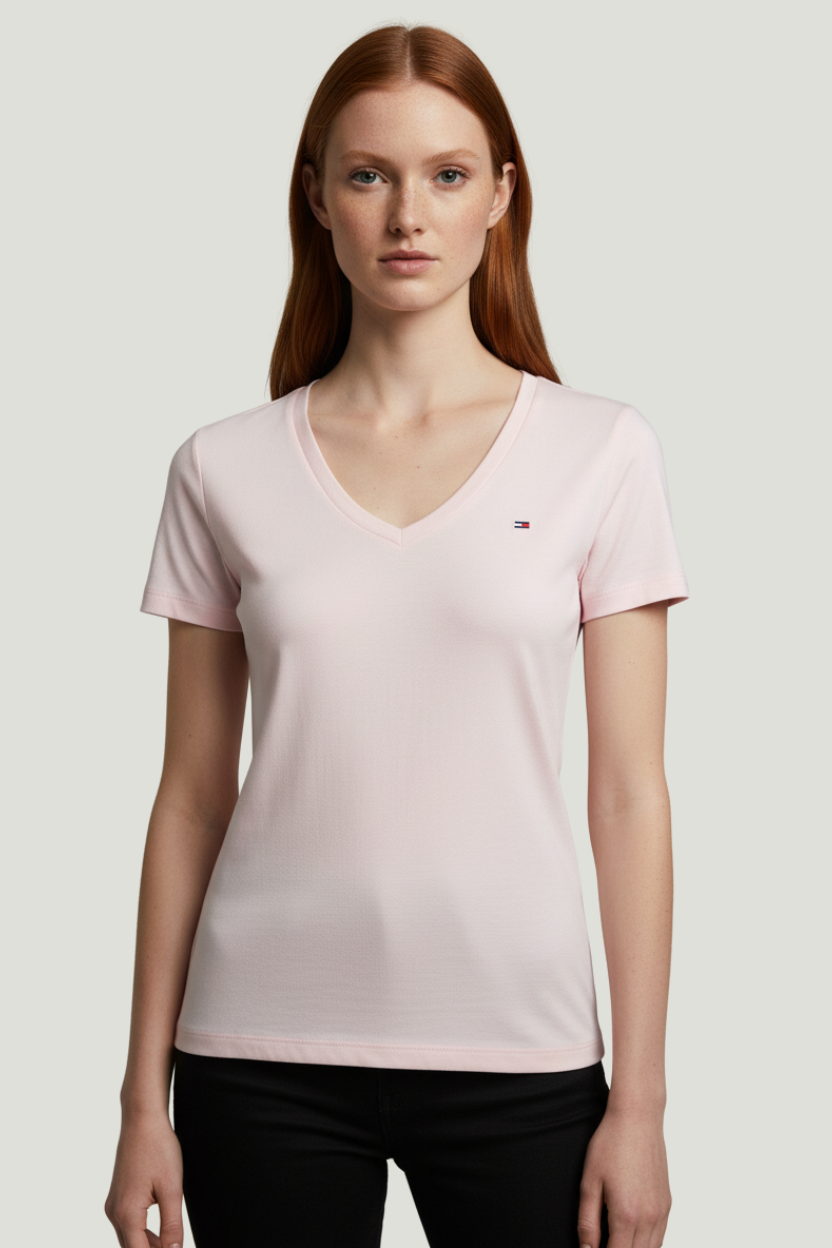 Tommy Hilfiger Camiseta rosada con cuello en V para mujer