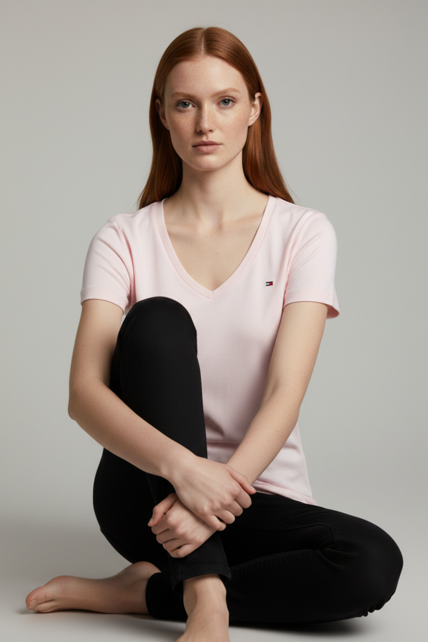 Tommy Hilfiger Camiseta rosada con cuello en V para mujer