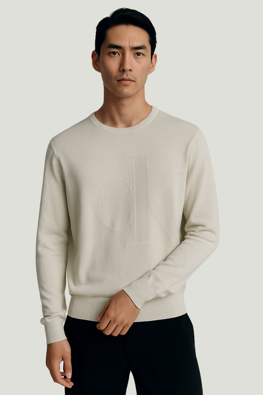 Calvin Klein Buso crema para hombre cuello redondo con logo frontal