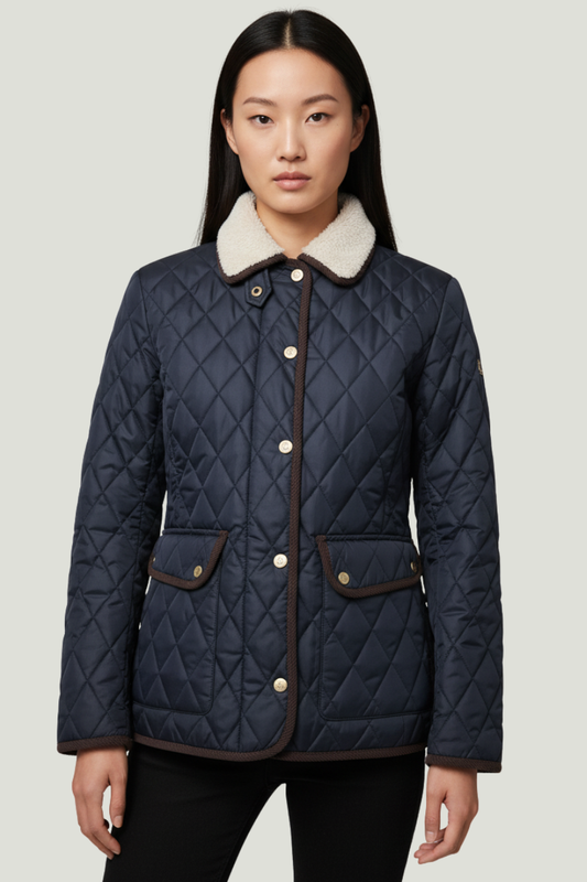 Polo Ralph Lauren Chaqueta acolchada azul oscura para mujer con cuello en borrego