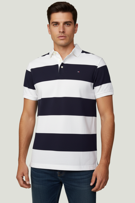 Tommy Hilfiger Polo a rayas azul oscuro y blanco para hombre