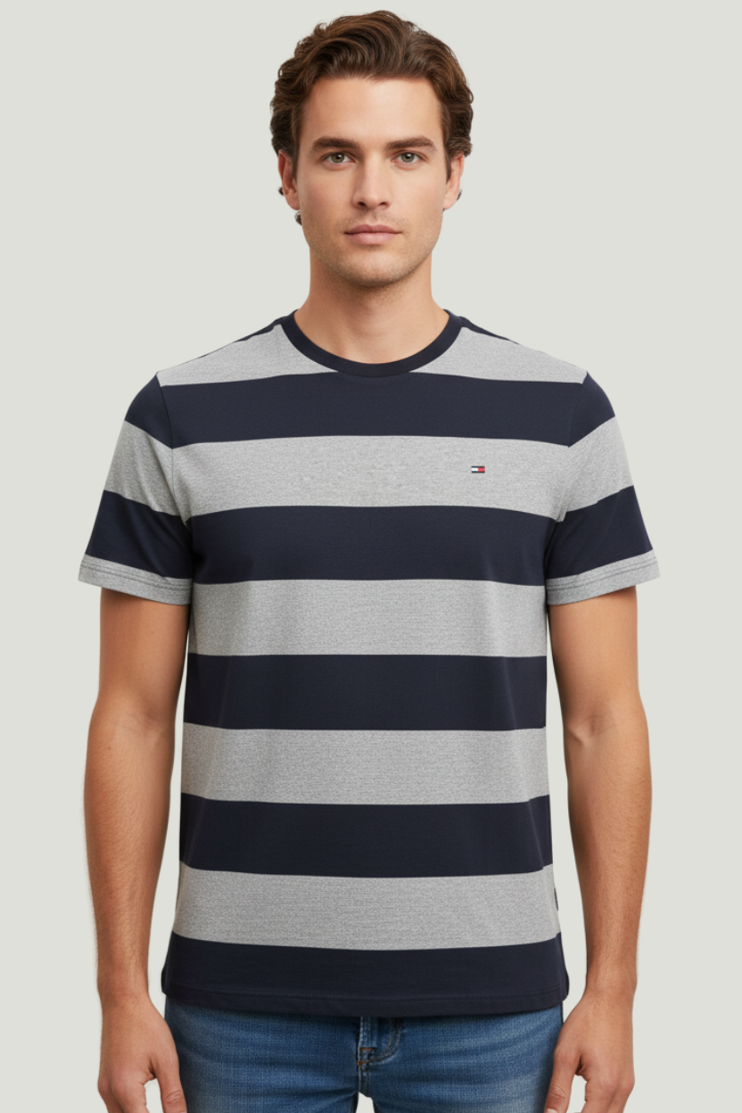 Tommy Hilfiger Camiseta a rayas gris y azul oscuro para hombre