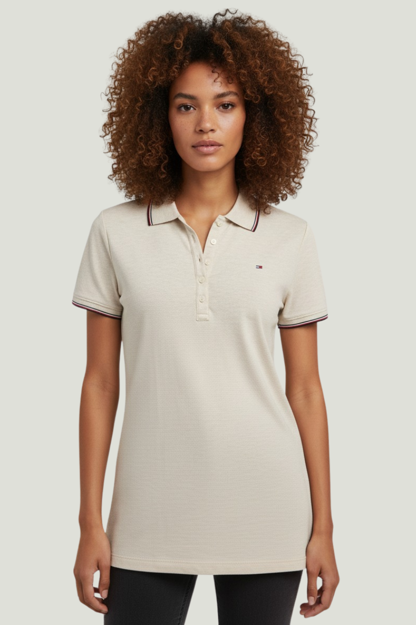 Tommy Hilfiger Polo crema para mujer con cuello clásico y detalles en mangas