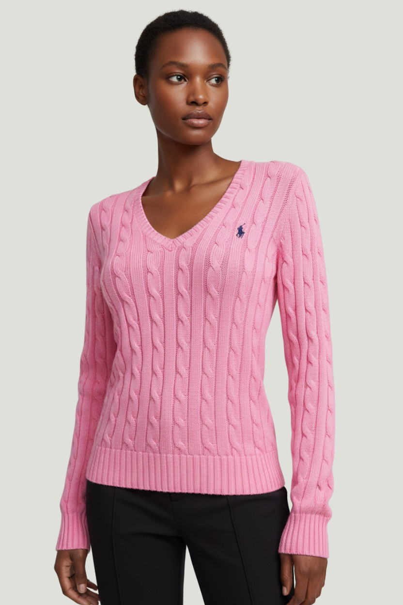 Polo Ralph Lauren buso tejido rosado para mujer con cuello en V y logo bordado